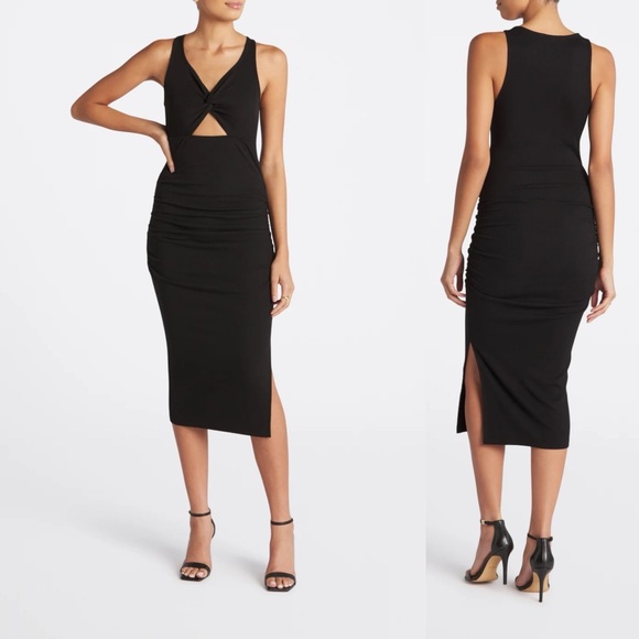 Michael Stars Guilia Ultra Rib Twist Front Ruched Side Cut Out Midi Dress Size L - Picture 1 of 10